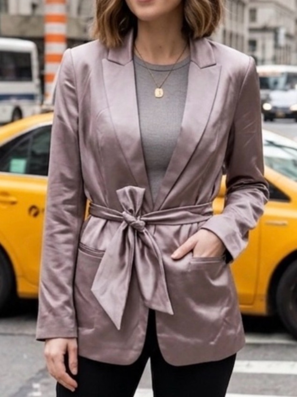 NWOT Express Satin Belted Blazer Large Taupe Mauve Pristine Wrap Jacket NEW L